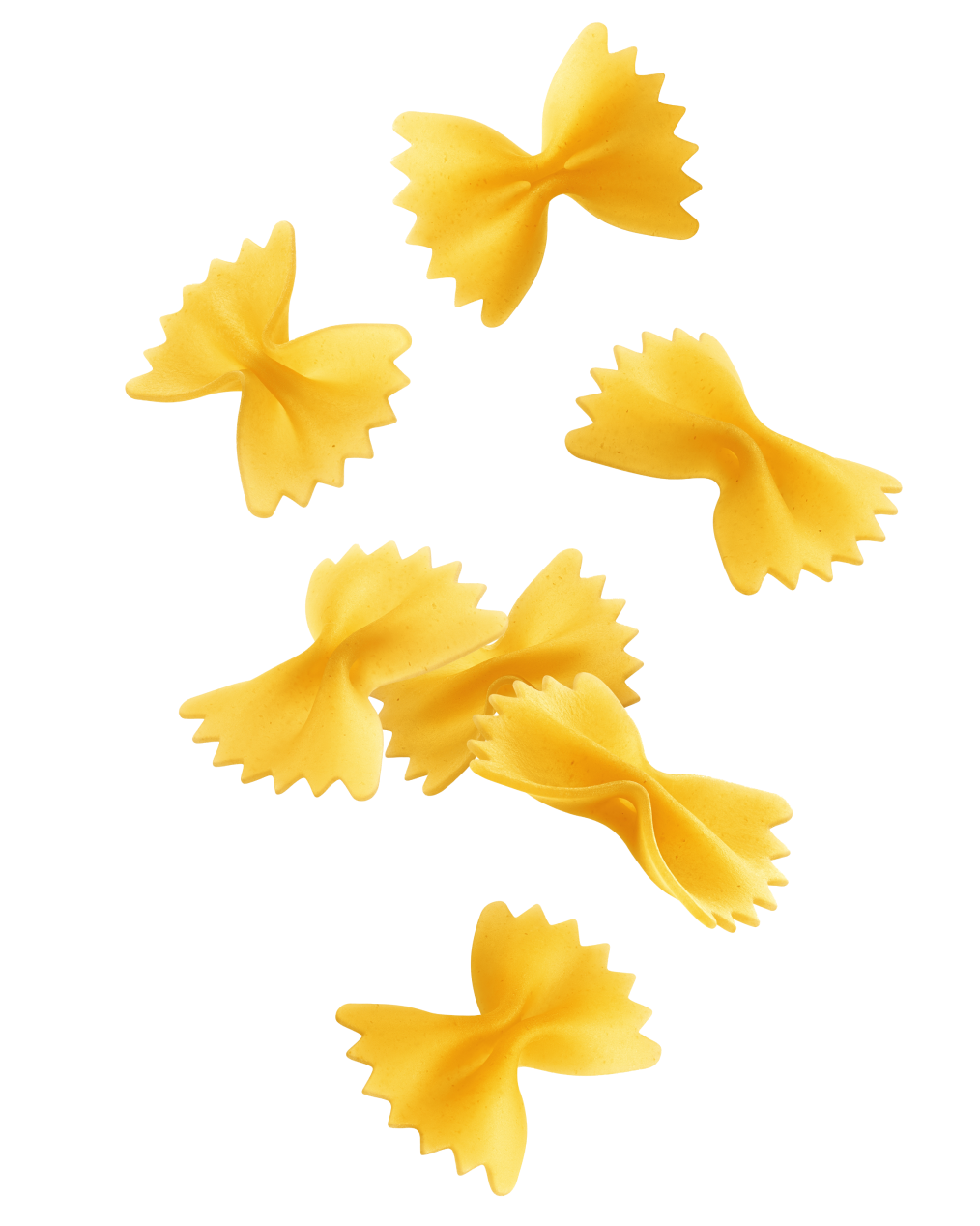 Dried farfalle pasta falling on a transparent background