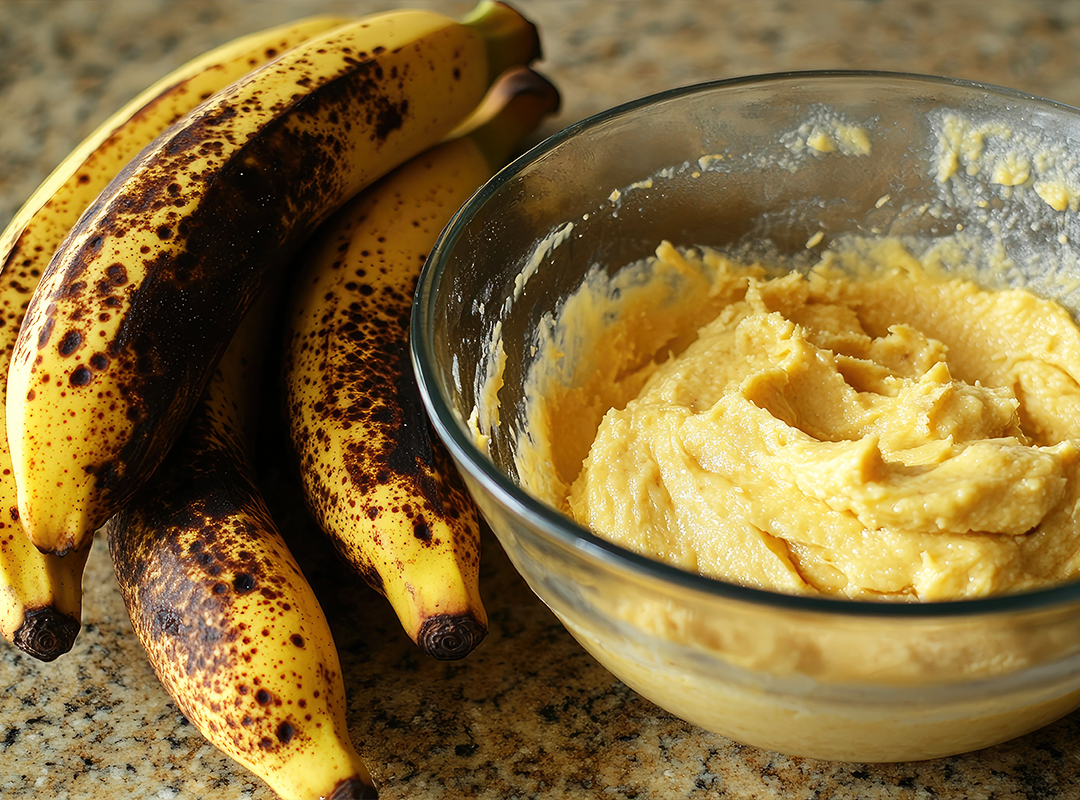 Overripe bananas sitting on a bench next to mushed banana in a bowl